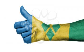 Old woman giving the thumbs up sign, isolated, flag of Saint Vincent and the Grenadines
