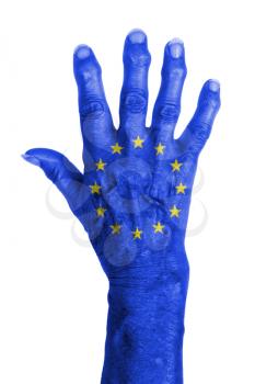 Isolated old hand with flag, European Union, EU