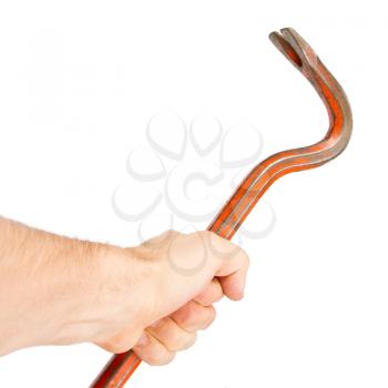 Hand holding old red crowbar on a white background
