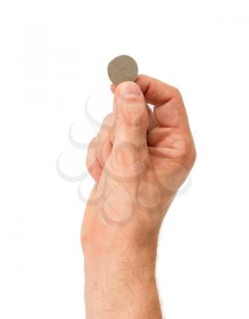 USA quarter in the hand of a man, isolated on white