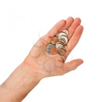 USA cents in the hand of a man, isolated on white