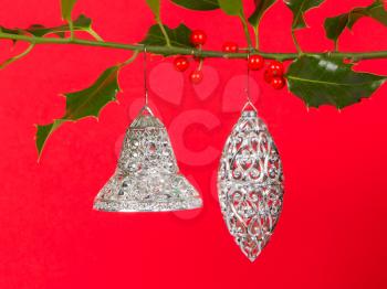 Old silver bells hanging in Butcher's broom, isolated