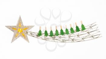 Falling star, christmas decoration with small clothing pins isolated on white
