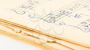 Antique music sheet, paper background, selective focus