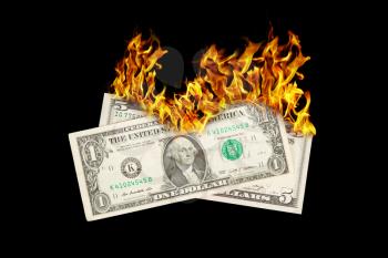 Burning money, dollar bills on fire, isolated on black