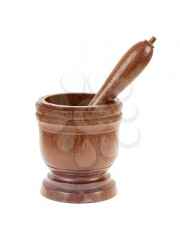 Wooden mortar for pounding spices, isolated on white