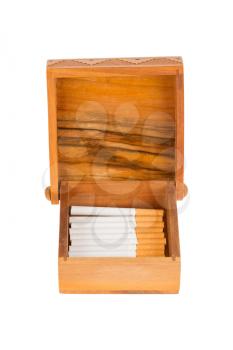 Cigarettes in handcarved wooden box, isolated on white