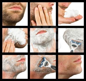 Close-up of a young man shaving his beard, compilation of nine images