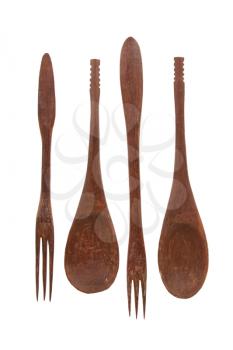 Spoon and fork products from wood on a white background
