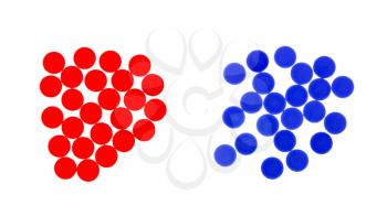 Red and blue chips used in the game line-up 4, isolated