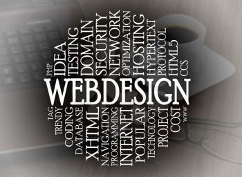 Word cloud webdesign concept with a webdesign background
