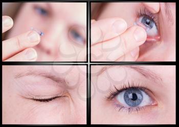 Close up of inserting a contact lens in female eye, fotoseries
