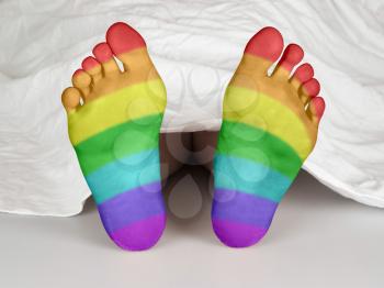 Dead body under a white sheet, suicide, murder or natural death, rainbow flag