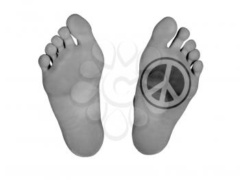 Human feet isolated on white, peace symbol
