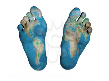 Human feet isolated on white, world map print