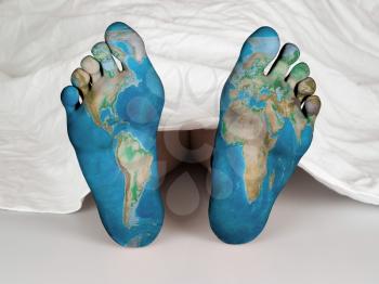 Dead body under a white sheet, concept of sleeping or death, world map