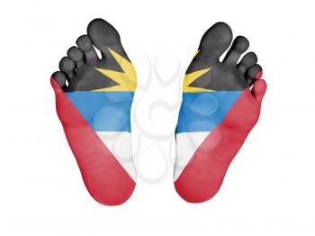 Feet with flag, sleeping or death concept, flag of Antigua and Barbuda
