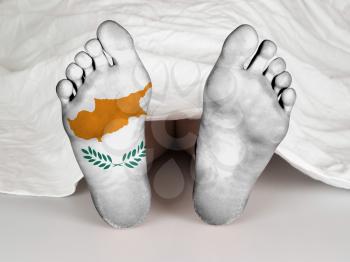 Feet with flag, sleeping or death concept, flag of Cyprus