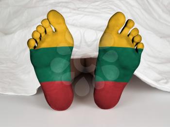Feet with flag, sleeping or death concept, flag of Lithuania