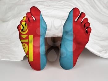 Feet with flag, sleeping or death concept, flag of Mongolia