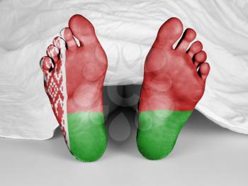 Dead body under a white sheet, flag of Belarus