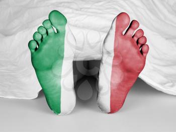 Dead body under a white sheet, flag of Italy
