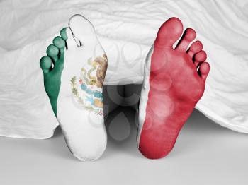 Dead body under a white sheet, flag of Mexico