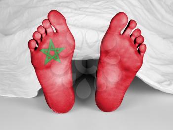 Dead body under a white sheet, flag of Morocco
