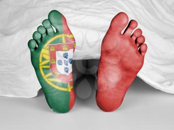 Dead body under a white sheet, flag of Portugal