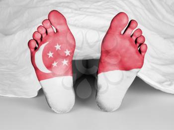 Dead body under a white sheet, flag of Singapore