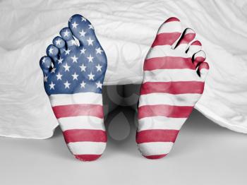Dead body under a white sheet, flag of The USA