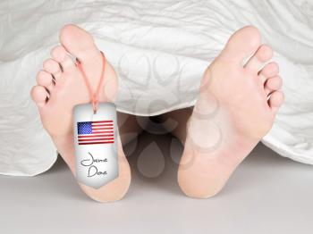 Jane Doe name tag on the foot of a body