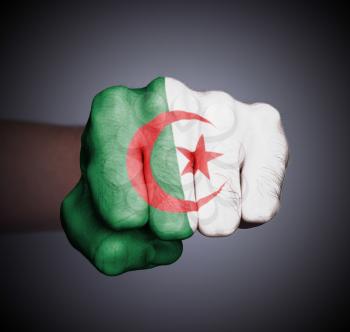 Front view of punching fist on gray background, flag of Algeria