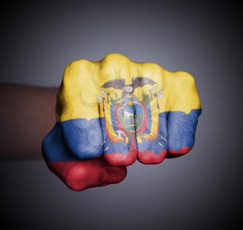 Front view of punching fist on gray background, flag of Ecuador