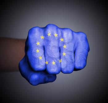 Fist punching, wrapped in an EU flag pattern