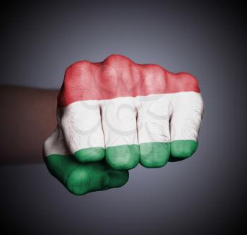 Front view of punching fist on gray background, flag of Hungary