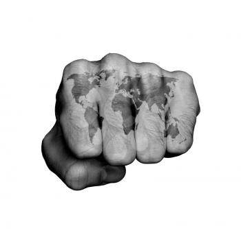 Front view of a punching hand, world map