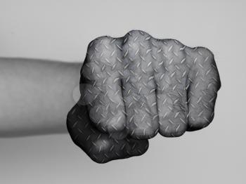 Very hairy knuckles from the fist of a man punching, metal plate print