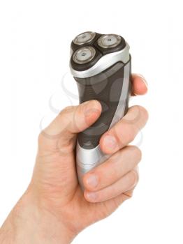 Hand holding an electric shaver isolated over a white background