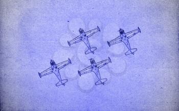 Drawing of four small airplanes from the bottom