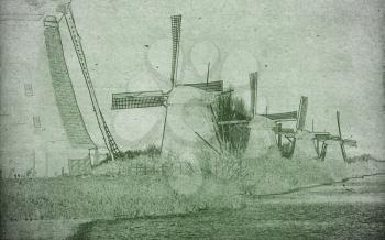 Drawing of a row of famous dutch windmills