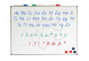 Letters, numbers and punctuation marks on a whiteboard