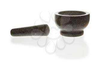 Stone mortar with reflection on white background