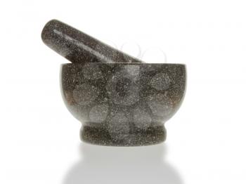 Stone mortar with reflection on white background
