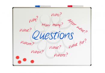 Questions on a whiteboard, isolated on white