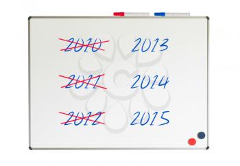Calendar (years) written on a whiteboard, isolated on white