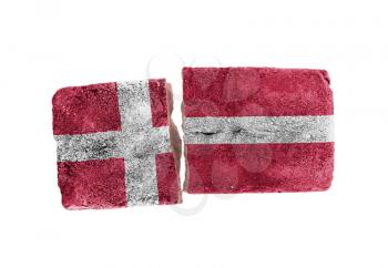 Rough broken brick, isolated on white background, flag of Denmark