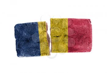 Rough broken brick, isolated on white background, flag of Romania