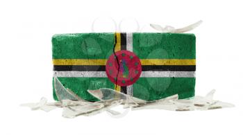 Brick with broken glass, violence concept, flag of Dominica