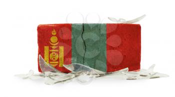 Brick with broken glass, violence concept, flag of Mongolia